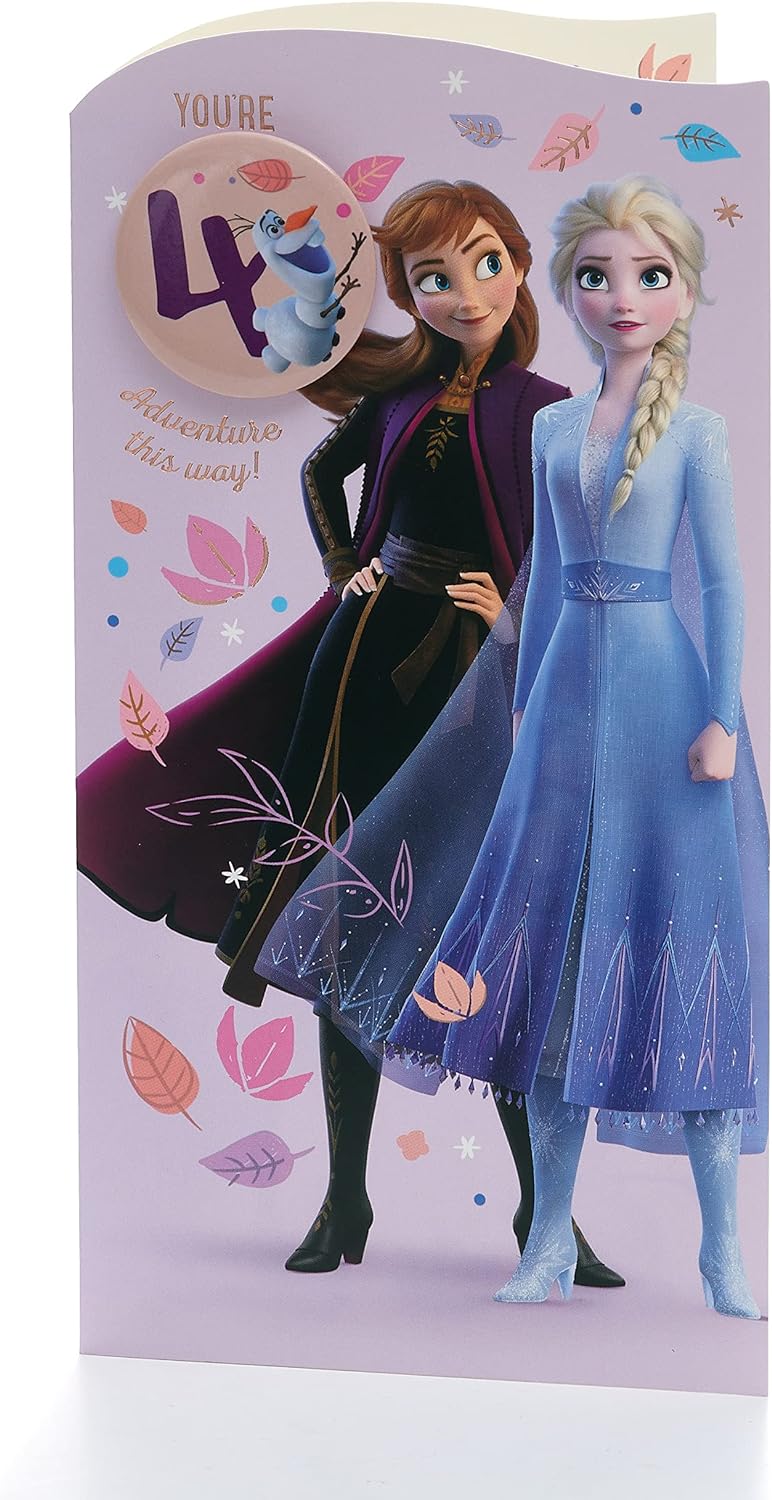 Frozen Elsa 4th birthday greeting card with colorful badge design, perfect for celebrating a child's special day.