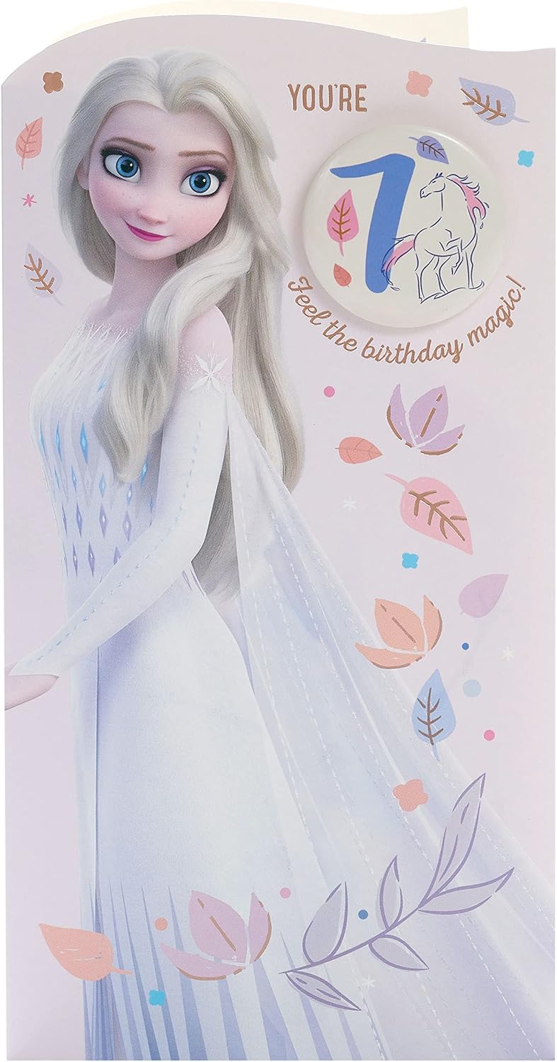 Frozen Elsa 7th birthday greeting card featuring Elsa and snowflake design, perfect for a child's birthday celebration.