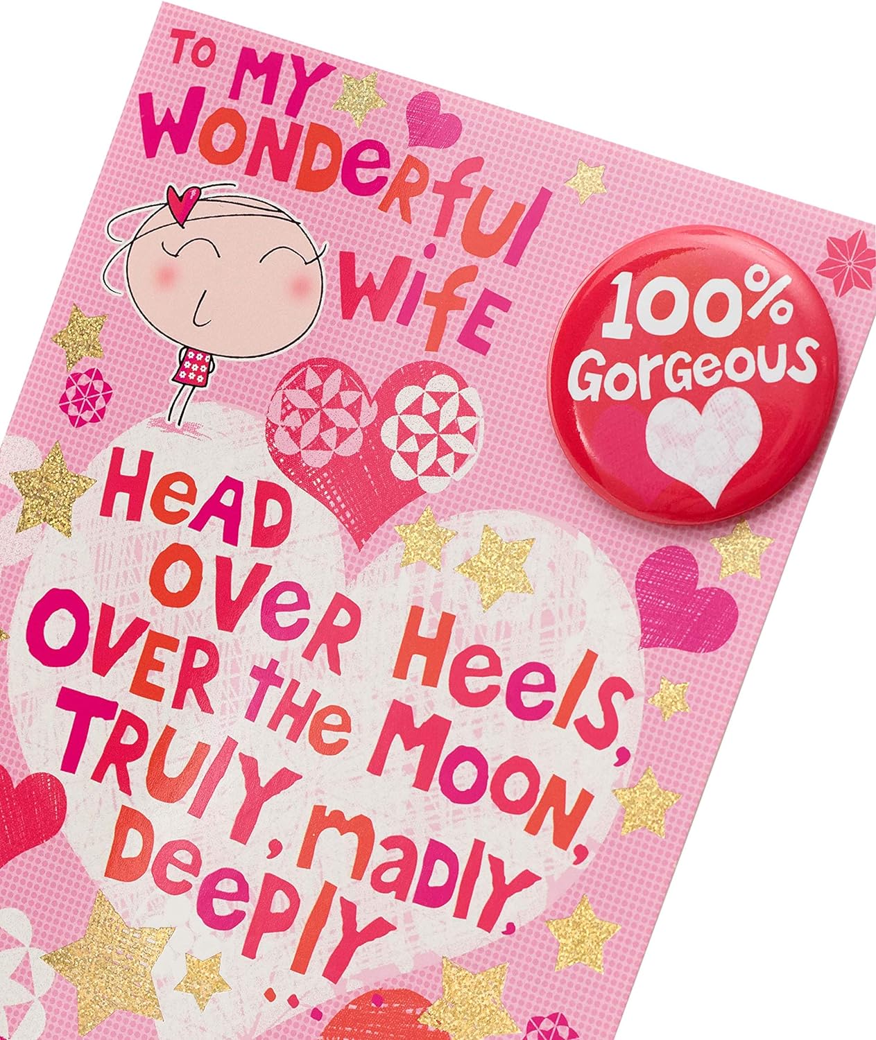 Valentine's Day greeting card for wife with a 100% gorgeous Valentine's badge, UK Greetings, featuring romantic floral design.