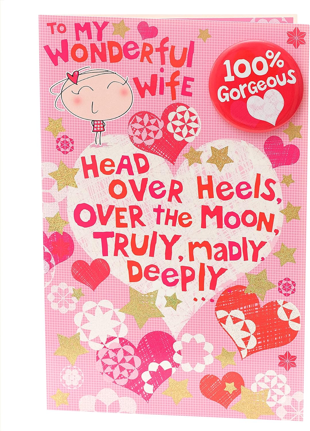 Valentine's Day greeting card for wife with a 100% gorgeous Valentine's badge, UK Greetings. Colorful and romantic design.