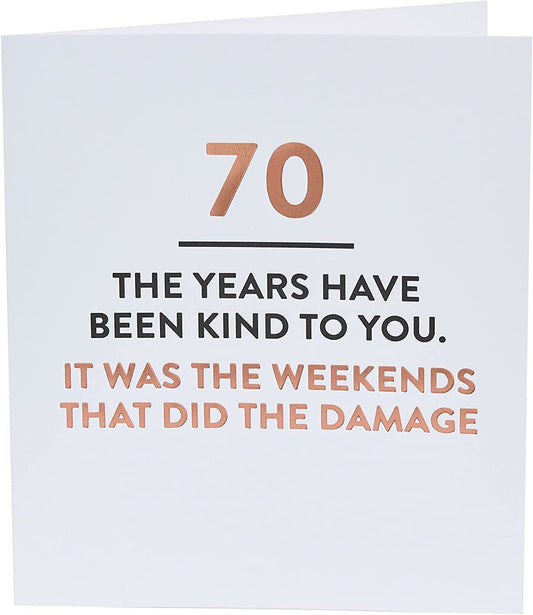 Funny 70th birthday greeting card from UK Greetings with humorous design and colorful illustrations.