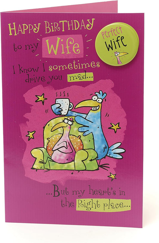 Funny Birds Wife Birthday Card with Badge from UK Greetings featuring colorful bird illustrations and cheerful design.