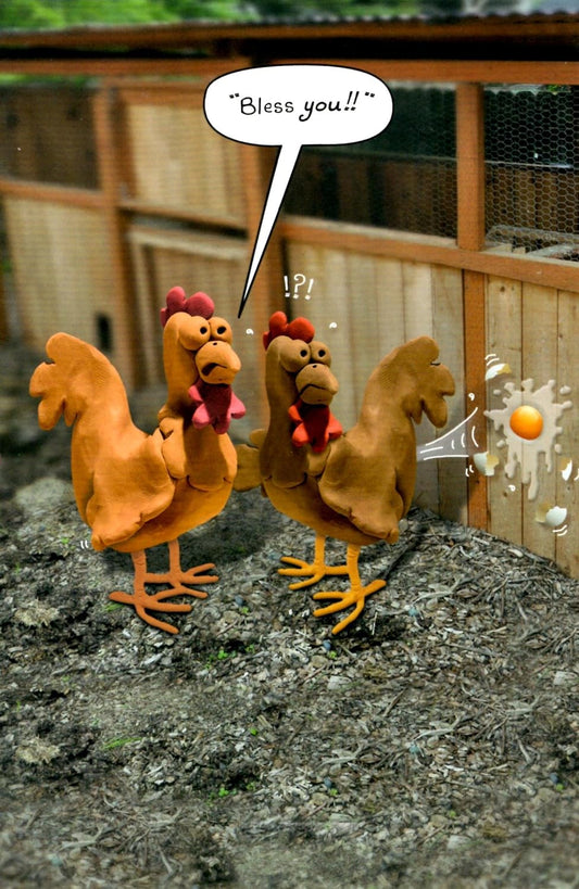 Funny birthday greeting card for him featuring a humorous chicken joke, UK Greetings brand, with colorful, playful design.