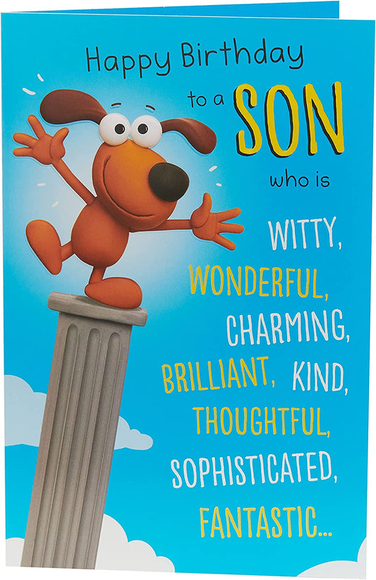 Funny birthday greeting card for son from UK Greetings, featuring colorful cartoon design and humorous message.