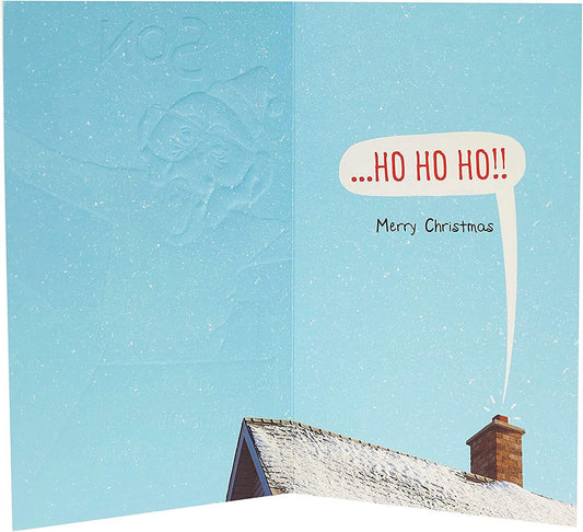 Funny Cheeky Champ Christmas greeting card for son from UK Greetings, featuring festive design and humorous message inside.