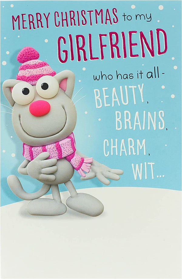 Funny Christmas greeting card for girlfriend with playful holiday wishes, featuring festive design by UK Greetings.