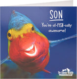 Funny Fish Son birthday greeting card featuring colorful fish illustrations and playful message from UK Greetings.