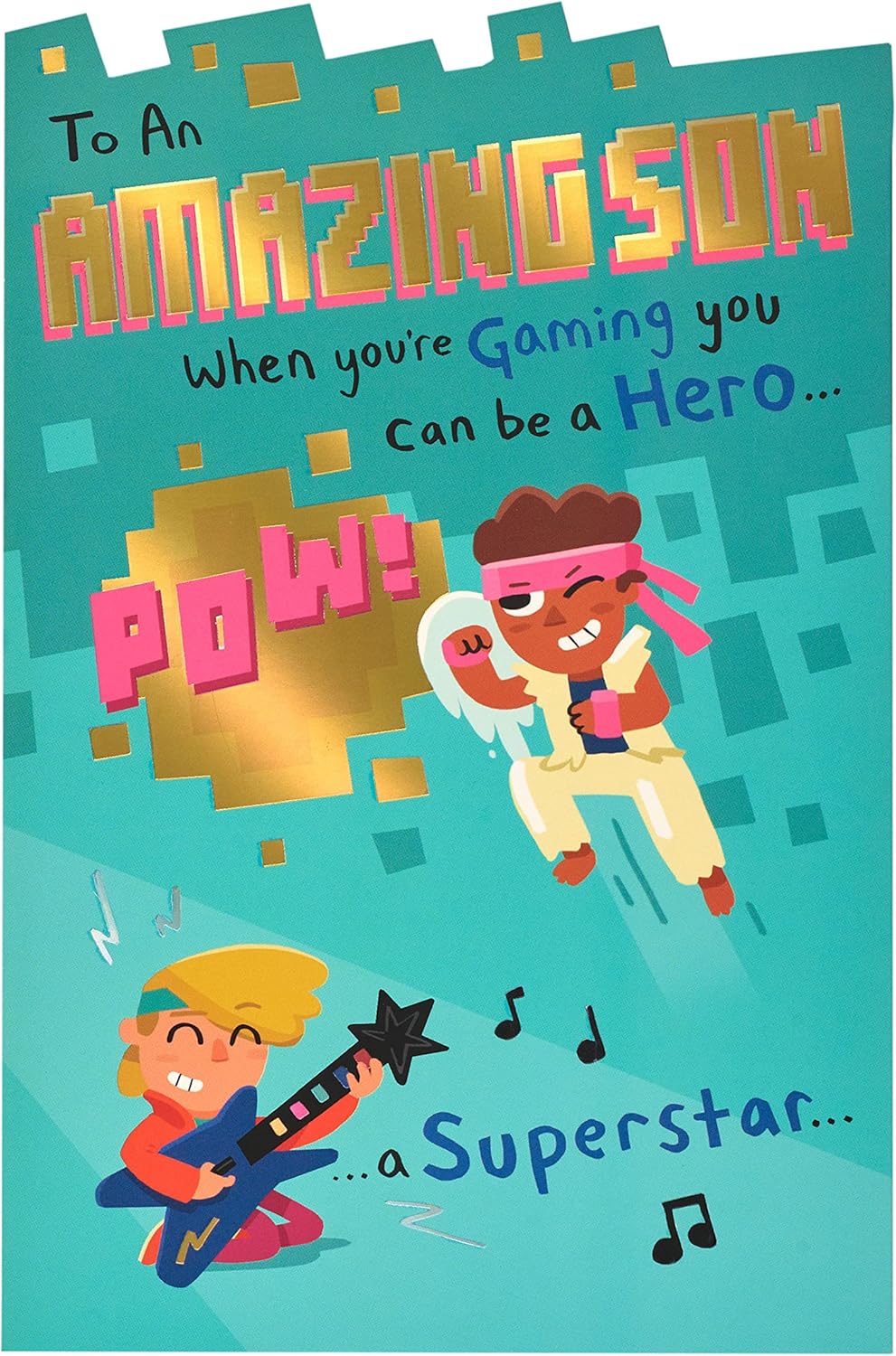 Humorous gamer-themed birthday greeting card for son from UK Greetings featuring playful gaming graphics and colorful design.