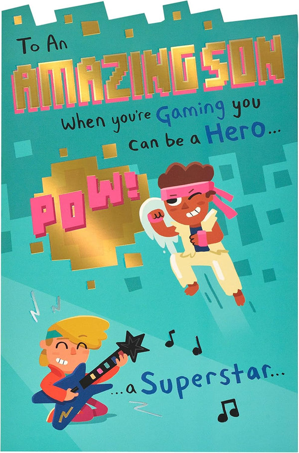 Humorous gamer-themed birthday greeting card for son from UK Greetings featuring playful gaming graphics and colorful design.
