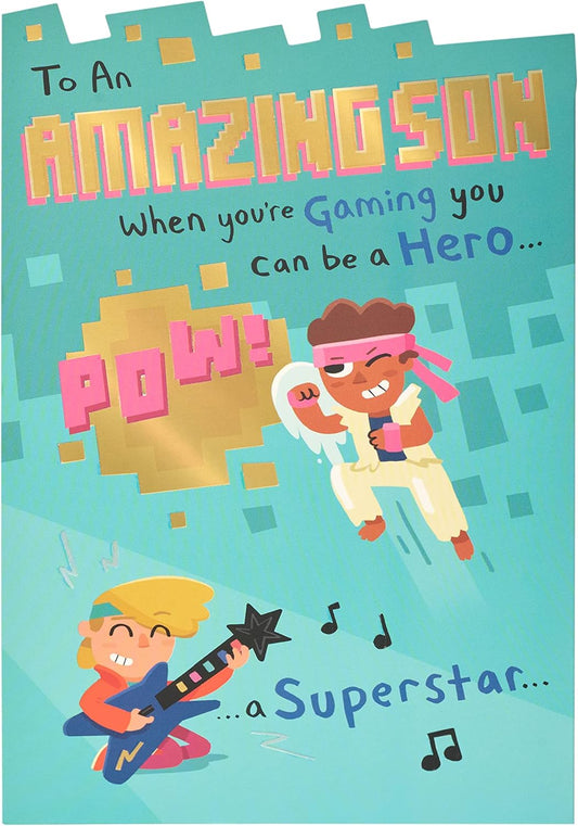 Funny gamer birthday greeting card for son featuring playful gaming graphics and cheerful message from UK Greetings.