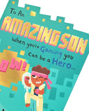 Funny gamer birthday greeting card for son, featuring gaming-themed artwork and UK Greetings branding.
