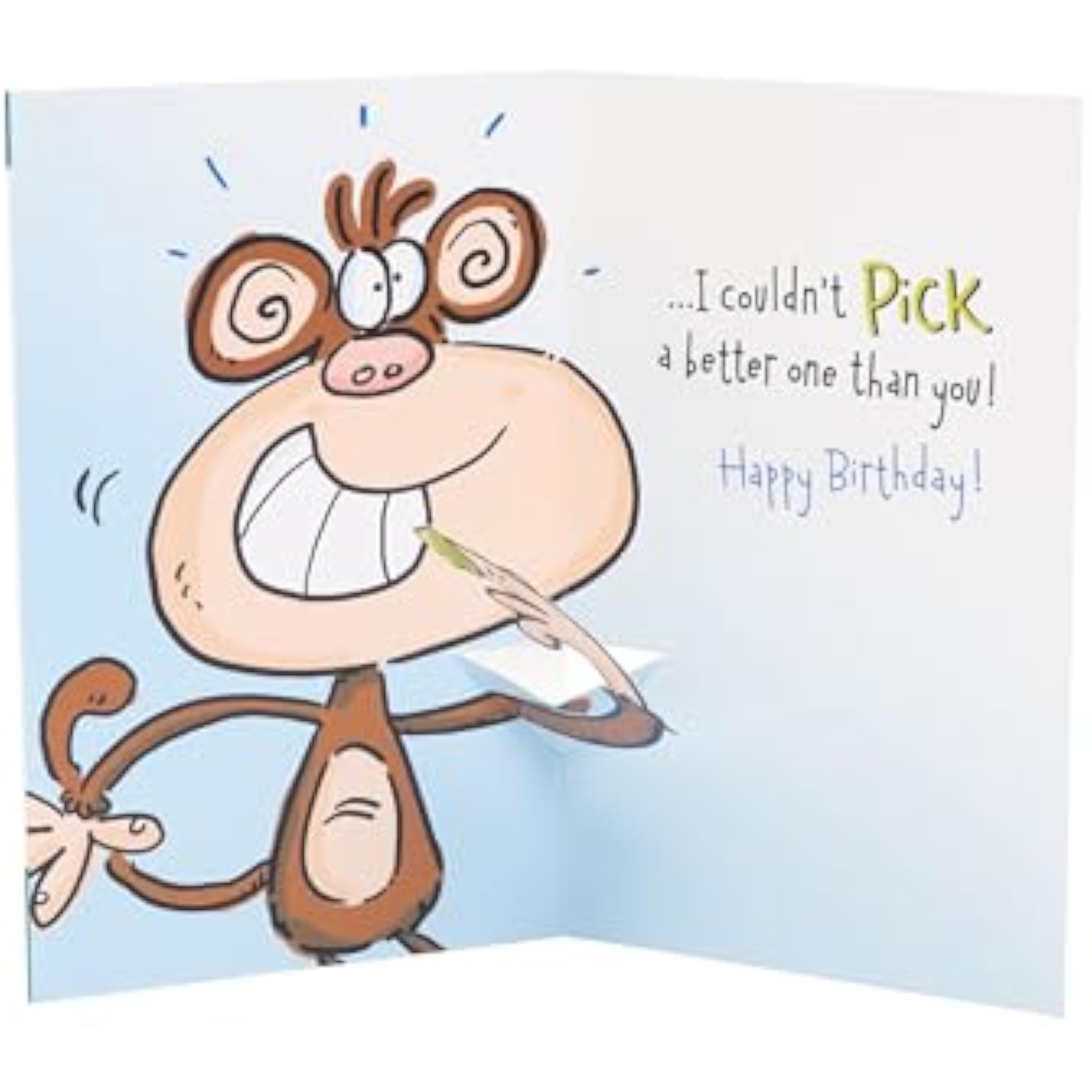 Funny monkey snot pop-up brother greeting card by UK Greetings featuring humorous monkey design and playful pop-up elements.