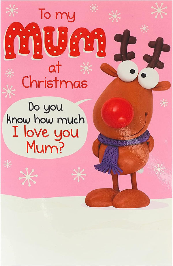 Funny pop-up Christmas greeting card for Mum with "Love You This Much" design by UK Greetings, featuring festive holiday imagery.