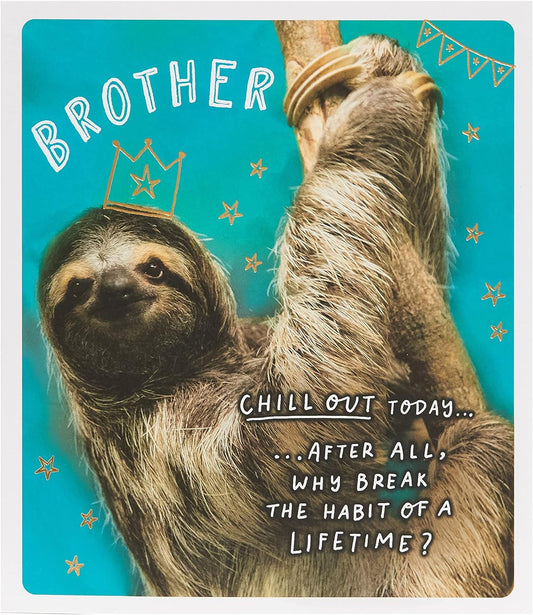 Funny sloth brother birthday greeting card from UK Greetings featuring a humorous illustration of a sloth for celebrating a brother.