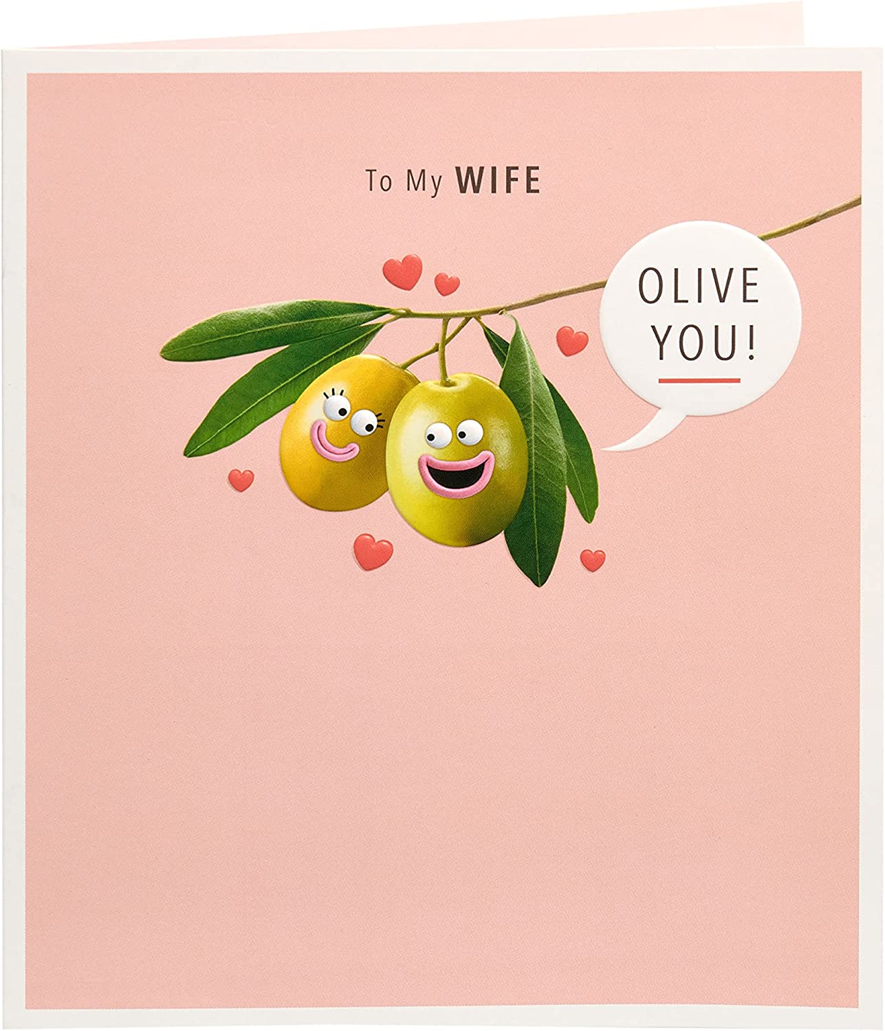 Humorous wife Valentine's Day greeting card with olive design and envelope, UK Greetings, perfect for expressing love with humor.