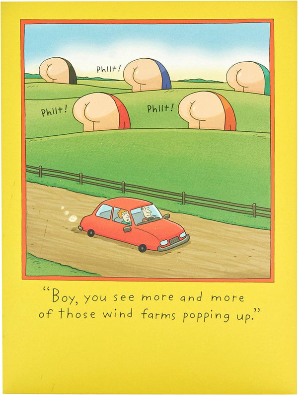 Funny wind farms birthday greeting card for him by UK Greetings, featuring humorous farm illustrations on the front.