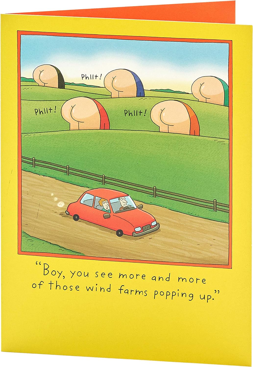 Funny wind farms birthday greeting card for him by UK Greetings, featuring humorous illustrations of wind turbines.