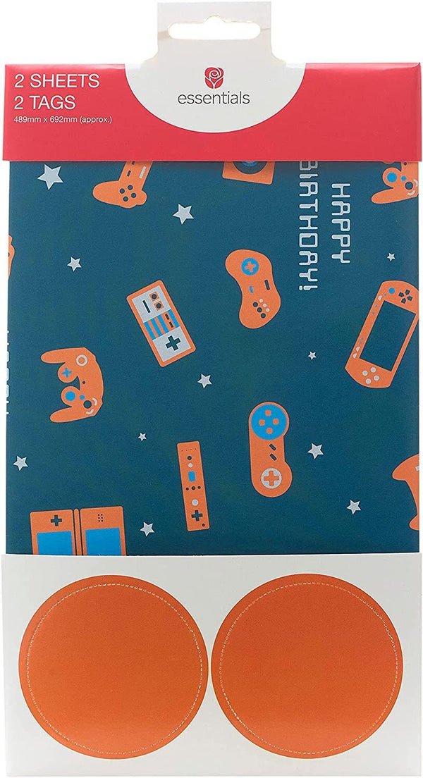 Gamer-themed birthday wrapping paper set by UK Greetings, featuring colorful gaming icons and designs for celebration wrapping.