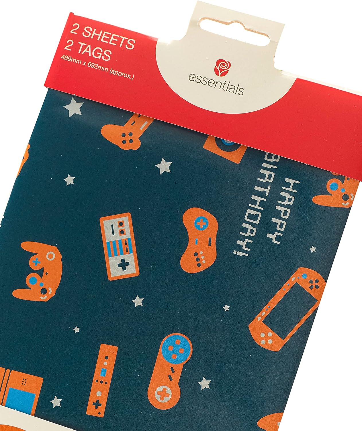 Colorful gamer-themed birthday wrapping paper set by UK Greetings, featuring vibrant designs suitable for gaming enthusiasts.