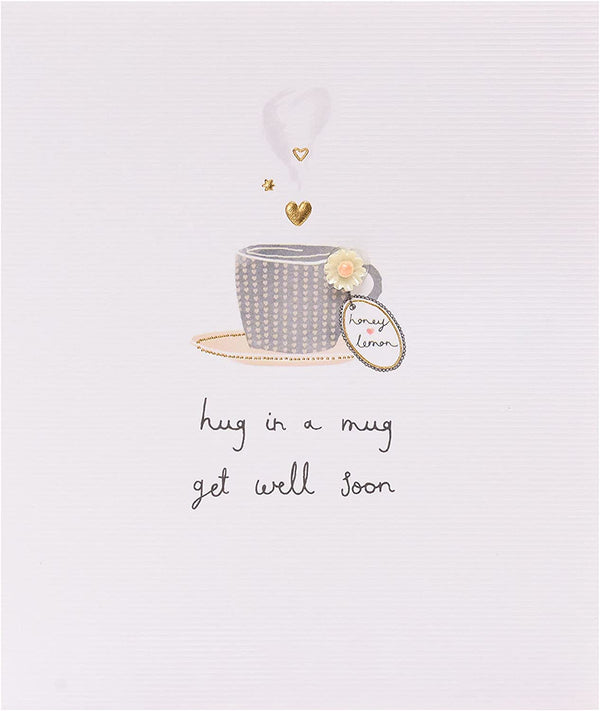 Handmade Get Well Soon greeting card featuring a cozy mug with a hug design from UK Greetings.