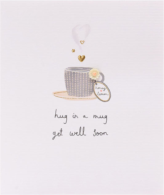 Handmade Get Well Soon greeting card featuring a cozy mug with a hug design from UK Greetings.