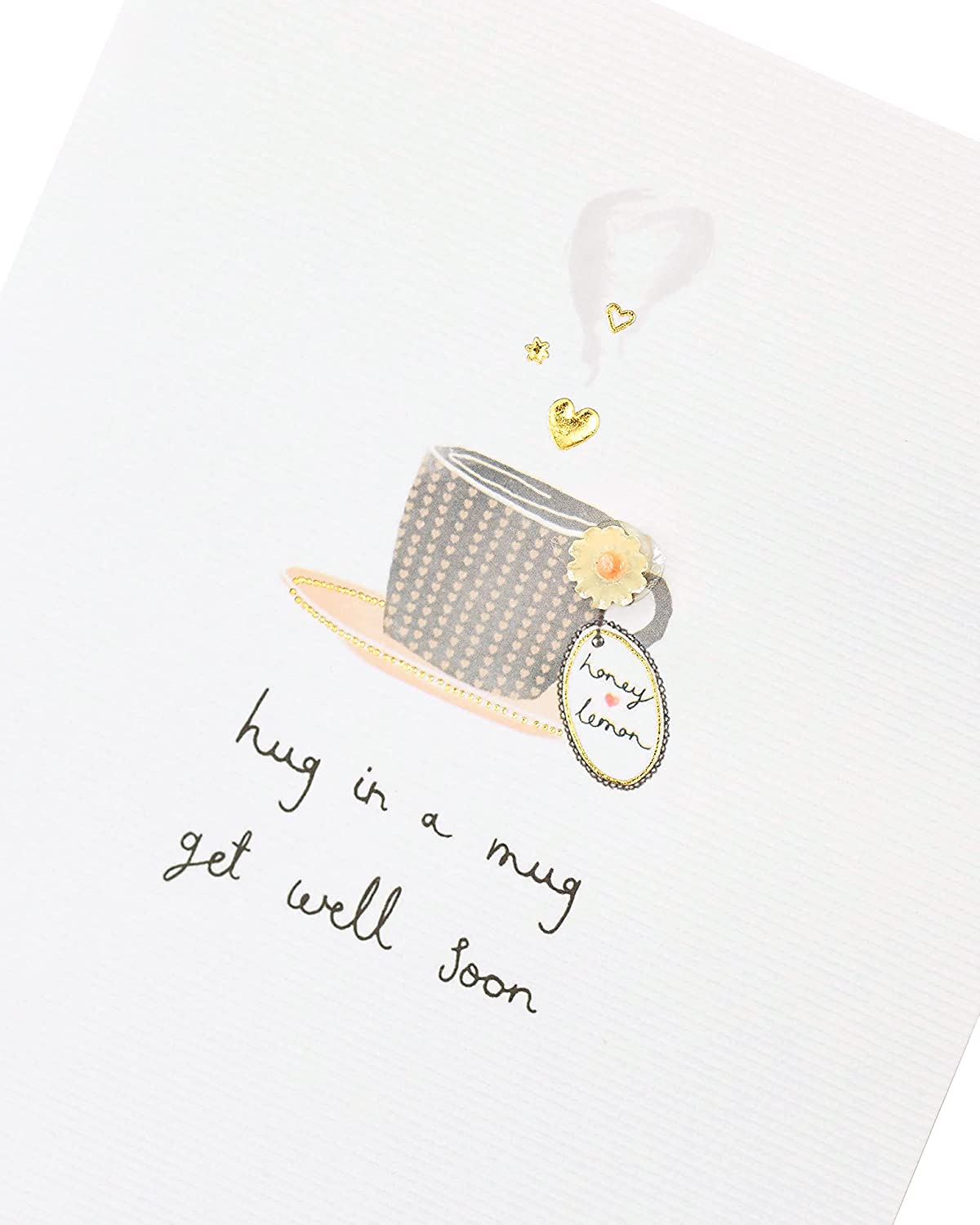 Get Well Soon greeting card featuring a handmade design with a cozy mug and hug illustration, perfect for UK Greetings.