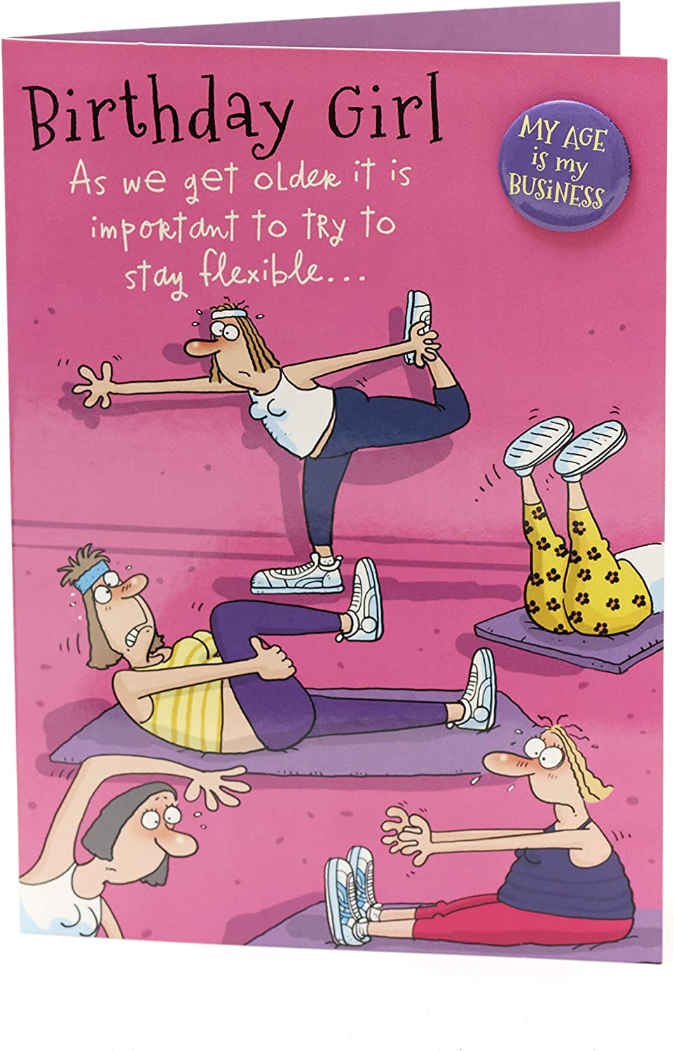 Giggles Yoga funny birthday greeting card for her featuring humorous yoga-themed illustration by UK Greetings.