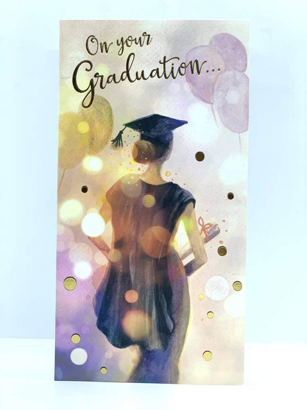 Girl balloons graduation triumph greeting card with colorful balloon illustrations and celebratory design by UK Greetings.