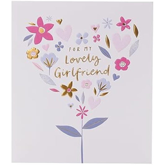 UK Greetings girlfriend birthday greeting card featuring a flower and heart design with gold accents