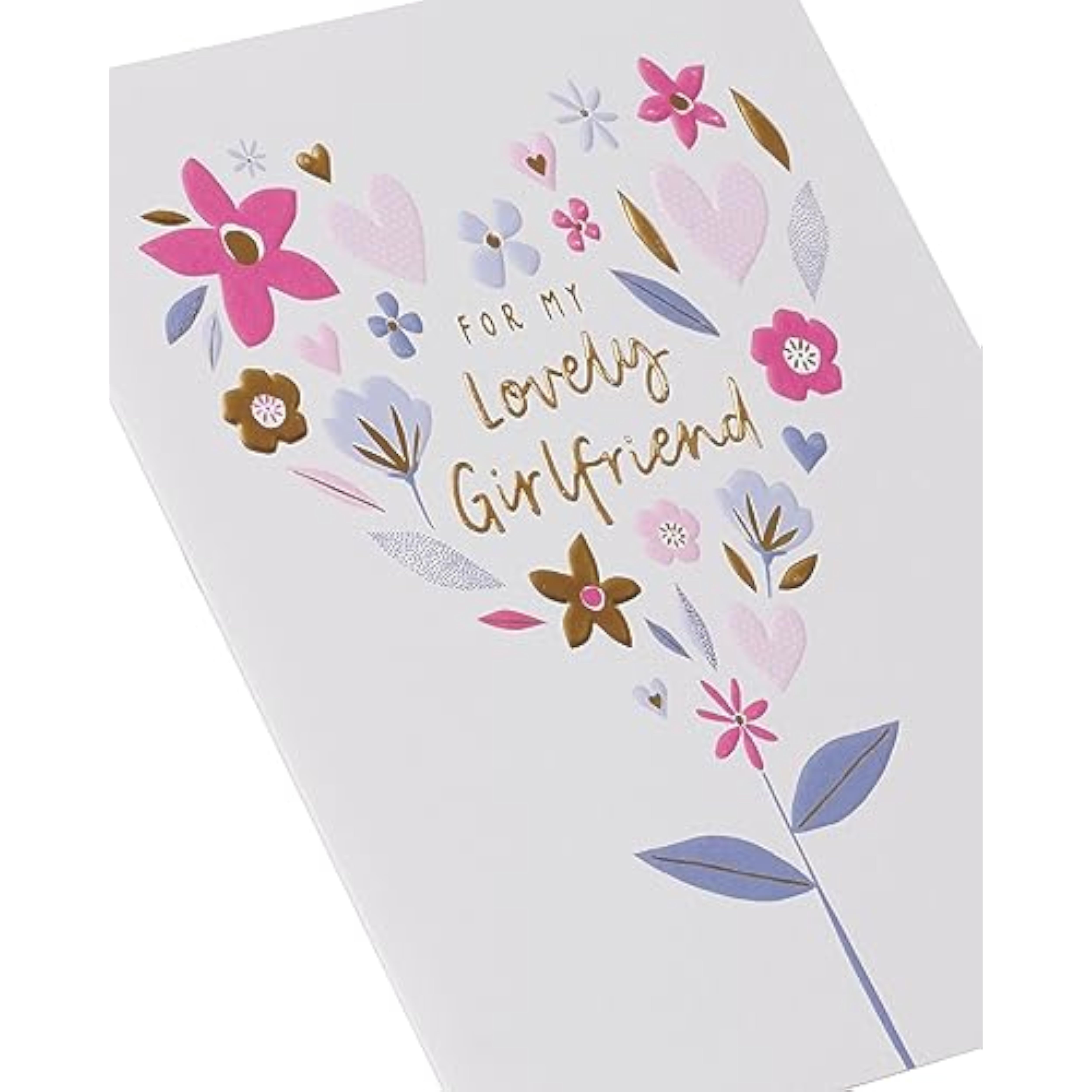 Girlfriend birthday greeting card with a floral heart design and gold accents, from UK Greetings.