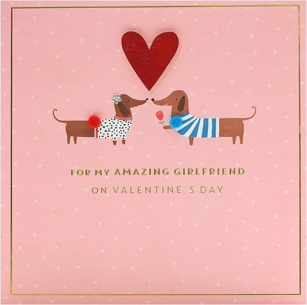 Valentine's Day greeting card featuring a sausage dog couple design with envelope, from UK Greetings.