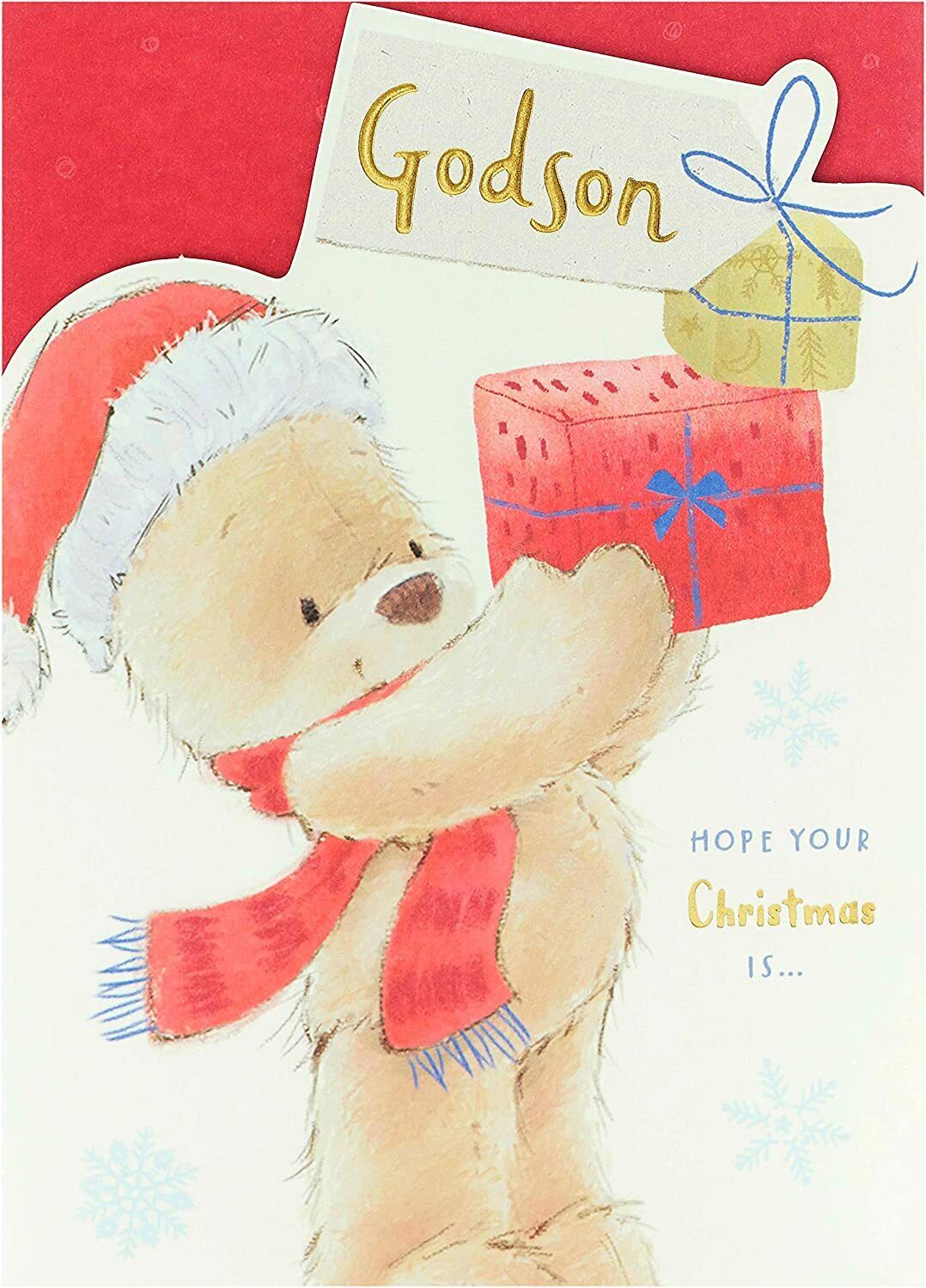Godson Christmas greeting card featuring a festive teddy bear design, perfect for holiday wishes from UK Greetings.
