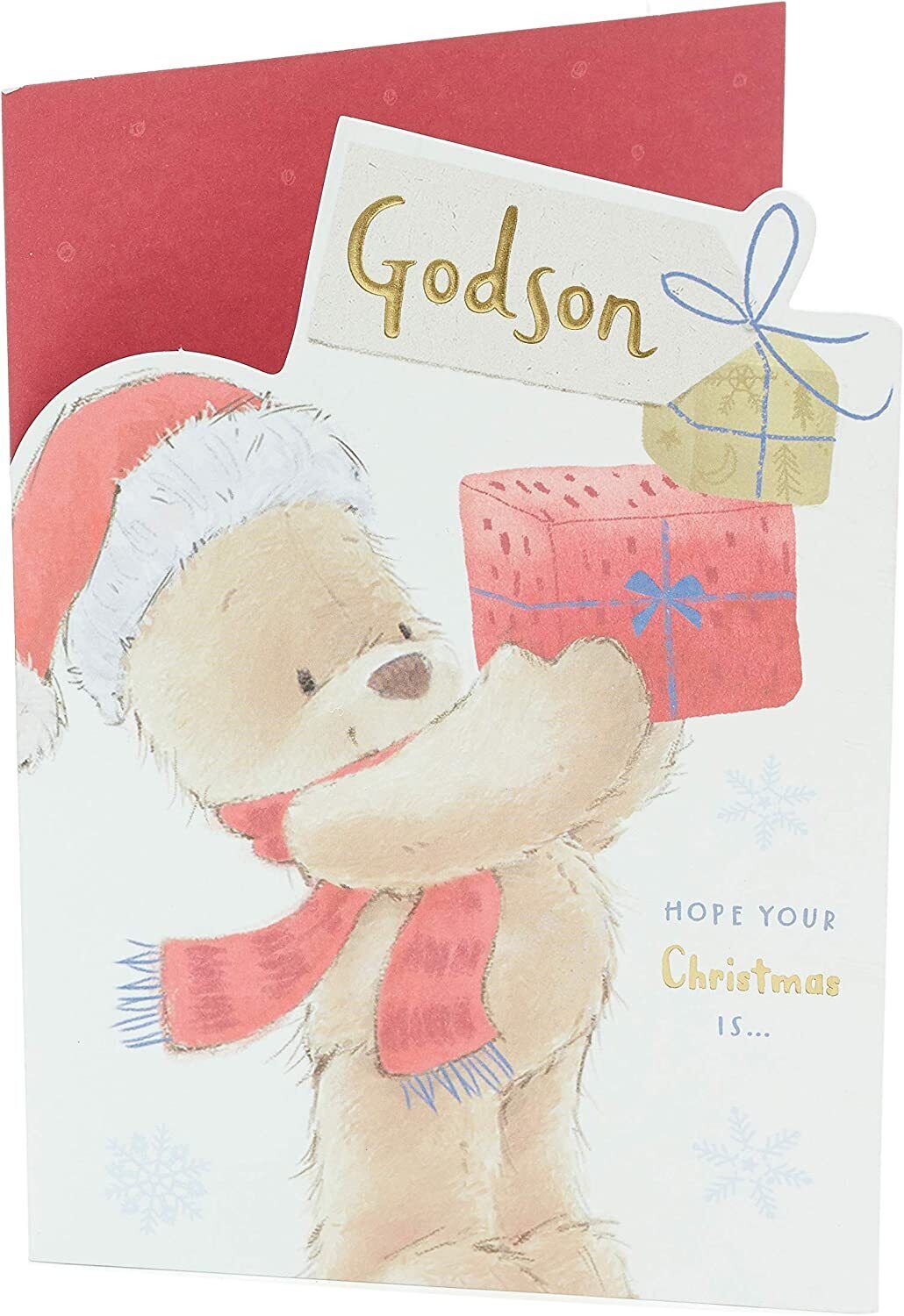 Godson Christmas greeting card featuring a festive teddy bear design, perfect for holiday wishes from UK Greetings.