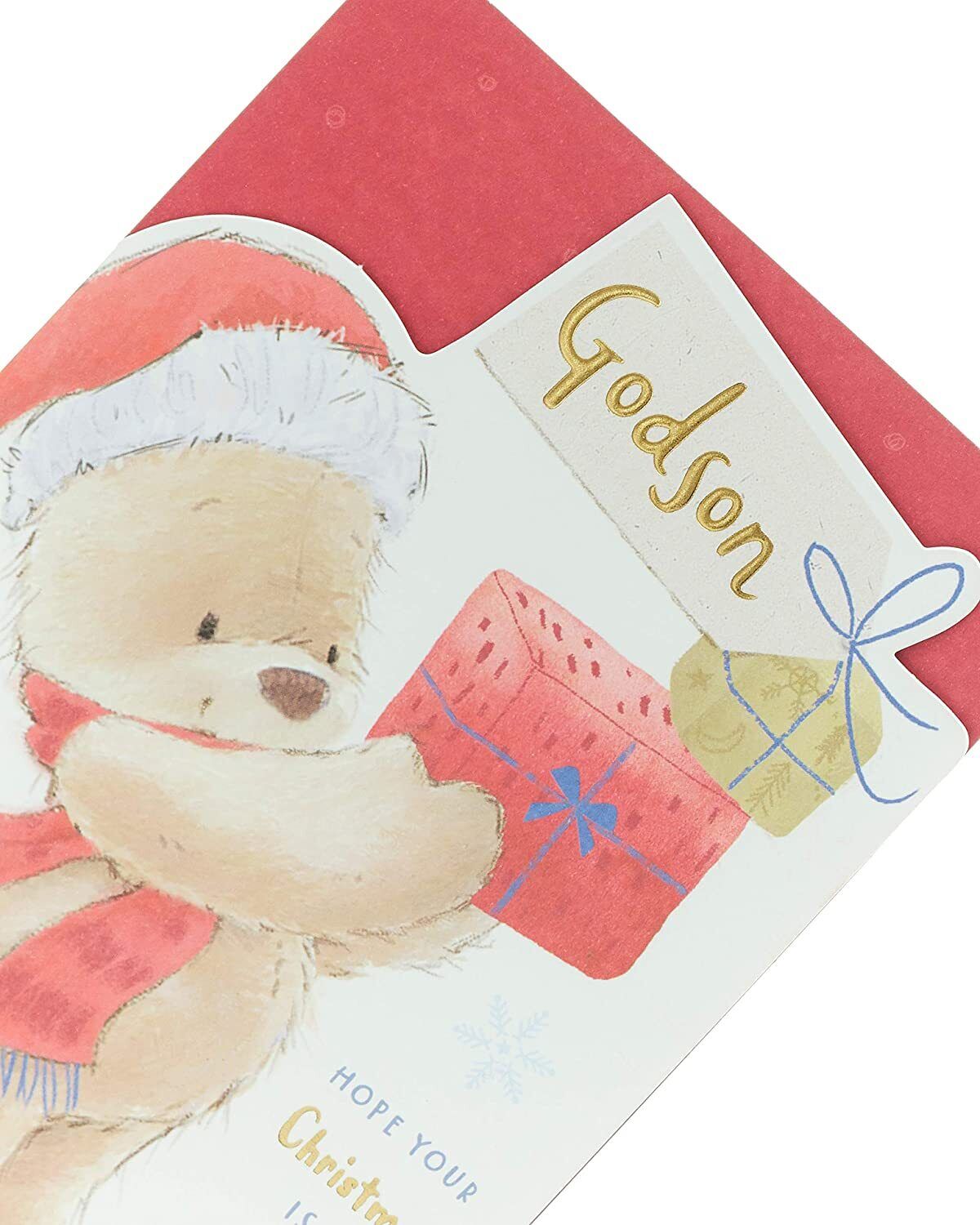 Godson Christmas greeting card featuring a festive teddy bear design from UK Greetings, with holiday-themed illustrations.