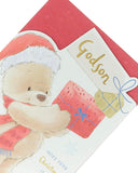 Godson Christmas greeting card featuring a festive teddy bear design from UK Greetings, with holiday-themed illustrations.
