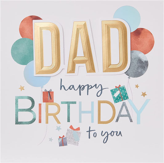 Gold foil balloons birthday greeting card for dad by UK Greetings, featuring festive balloon illustrations and celebratory design.
