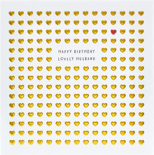 Gold foil Little Hearts husband birthday greeting card featuring heart designs, from UK Greetings.