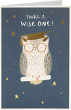 Gold foil owl graduation greeting card from UK Greetings, featuring a decorative owl design and celebratory message.