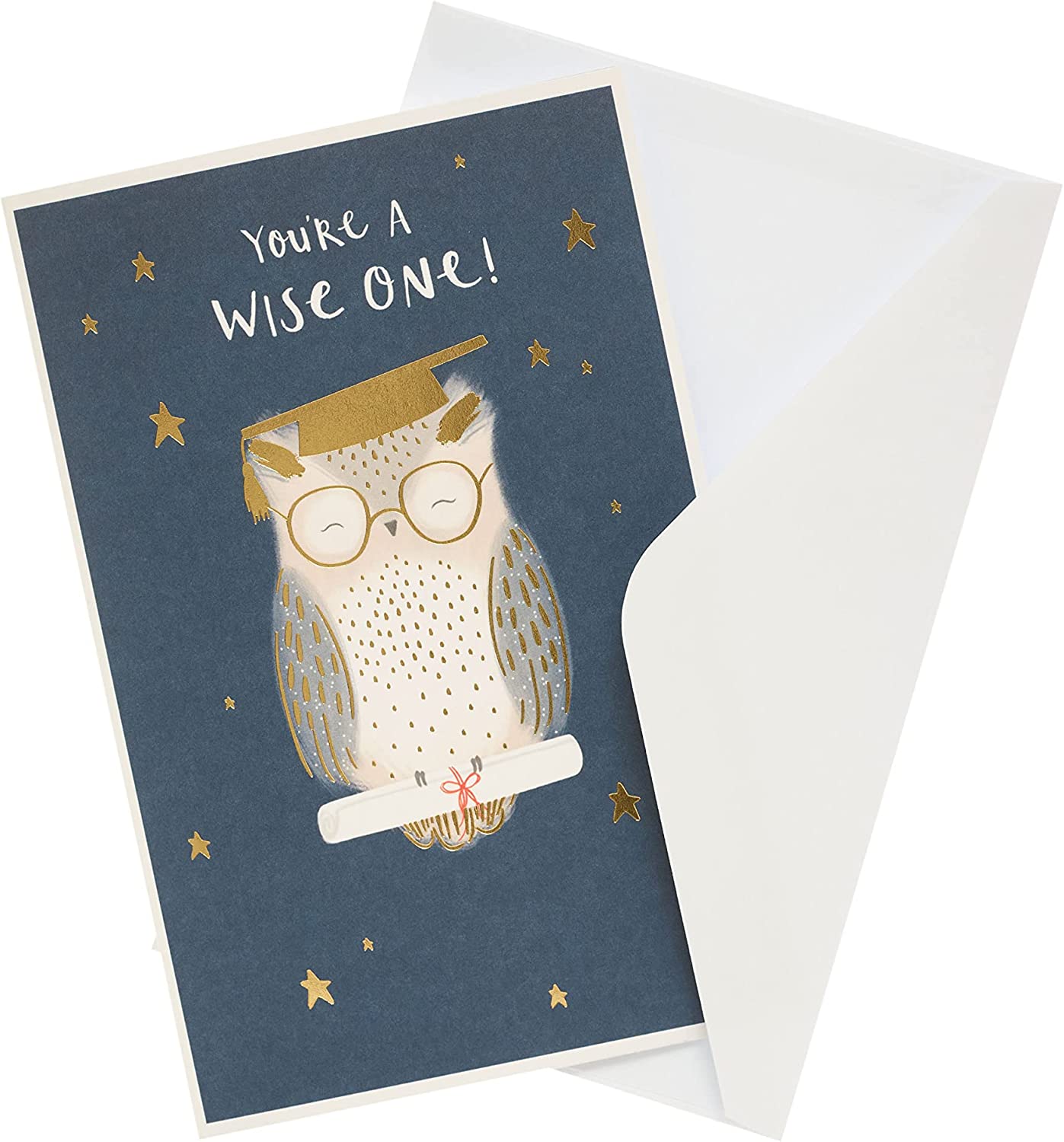 Gold foil owl graduation greeting card from UK Greetings, featuring an elegant design with a celebratory owl motif.