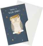 Gold foil owl graduation greeting card from UK Greetings, featuring an elegant design with a celebratory owl motif.