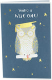 Gold foil owl graduation greeting card featuring a cheerful owl and celebratory design, perfect for graduation congratulations.
