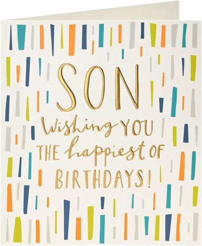 Gold foil Son birthday greeting card featuring festive design, from UK Greetings, with vibrant colors and celebratory details.