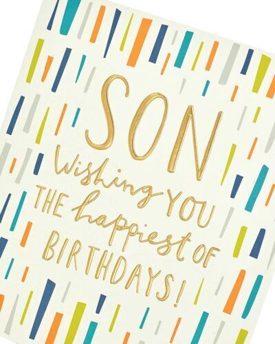 Gold foil Son birthday greeting card with festive design, featuring shiny accents and heartfelt message from UK Greetings.