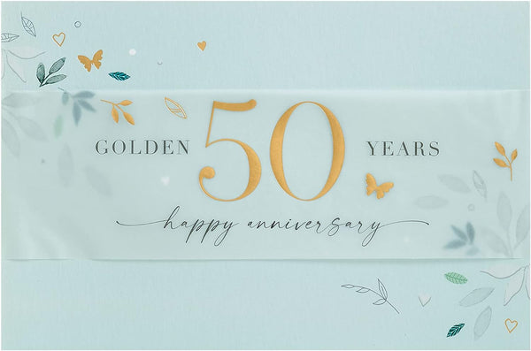 Golden 50th Anniversary Leaves Greeting Card from UK Greetings, featuring elegant leaf designs for special celebration.