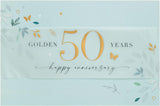 Golden 50th Anniversary Leaves Greeting Card from UK Greetings, featuring elegant leaf designs for special celebration.