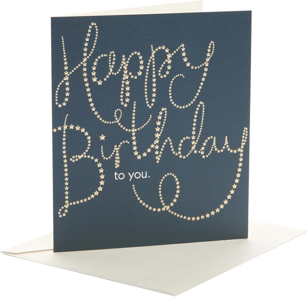 Golden Stars Happy Birthday greeting card from UK Greetings featuring festive star designs and cheerful "Happy Birthday To You" message.