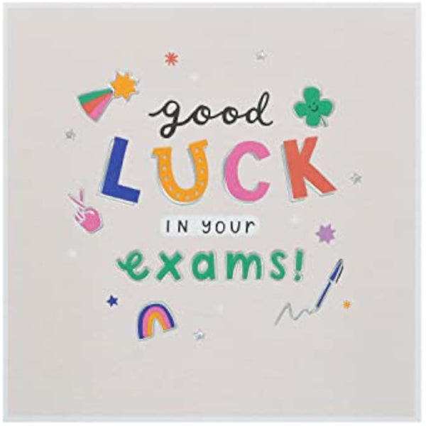 Assorted UK Greetings Good Luck Exams greeting cards featuring colorful designs and encouraging messages for students.