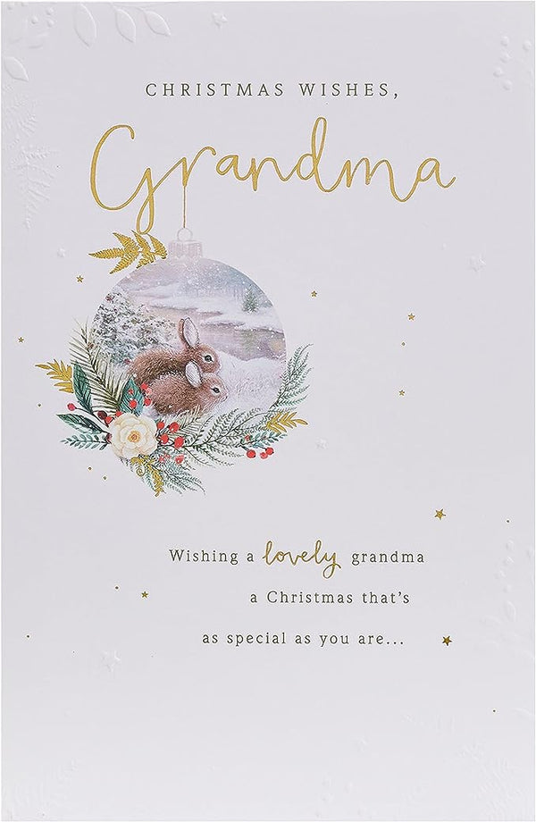 Cute Grandma Christmas greeting card from UK Greetings featuring adorable rabbits and warm holiday wishes.