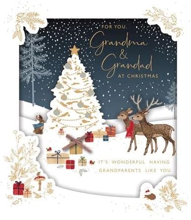 Grandma and Grandad Christmas greeting card featuring a festive holiday scene with Christmas trees and winter decorations, by UK Greetings.