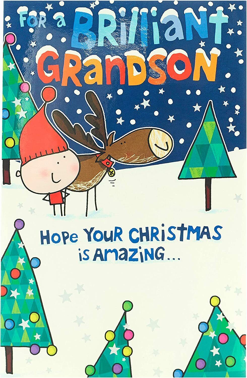 Festive reindeer cartoon greeting card for boys from UK Greetings, featuring a cheerful holiday design for Christmas.